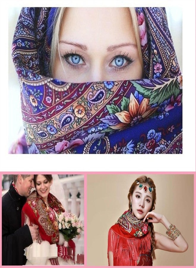 LOVNBHELP Russian Style Muffler Warm Scarf Women's Traditional Scarves Wrap Tassel Shawl Fringes Neck Head Shawl Retro Scarf/Royal Blue - Image 5